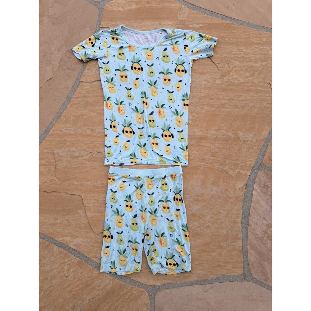 Little Sleepies Pajama Set Kids 9-10 Blue Pineapple Pear Print Shorts T Shirt